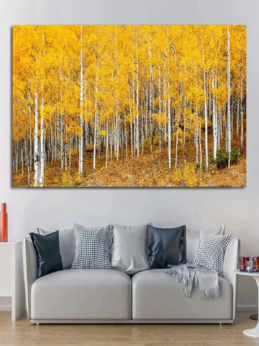 Golden Autumn Birch Forest Canvas Painting  Yellow Tree Landscape Poster Prints for Living Room Wall Decor