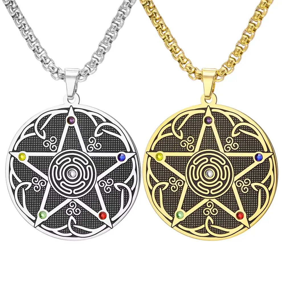 Hecate Wheel Pentagram Men Necklace Triple Moon Goddess Protection Amulet Wiccan Pentacle Pendant Stainless Steel Jewelry