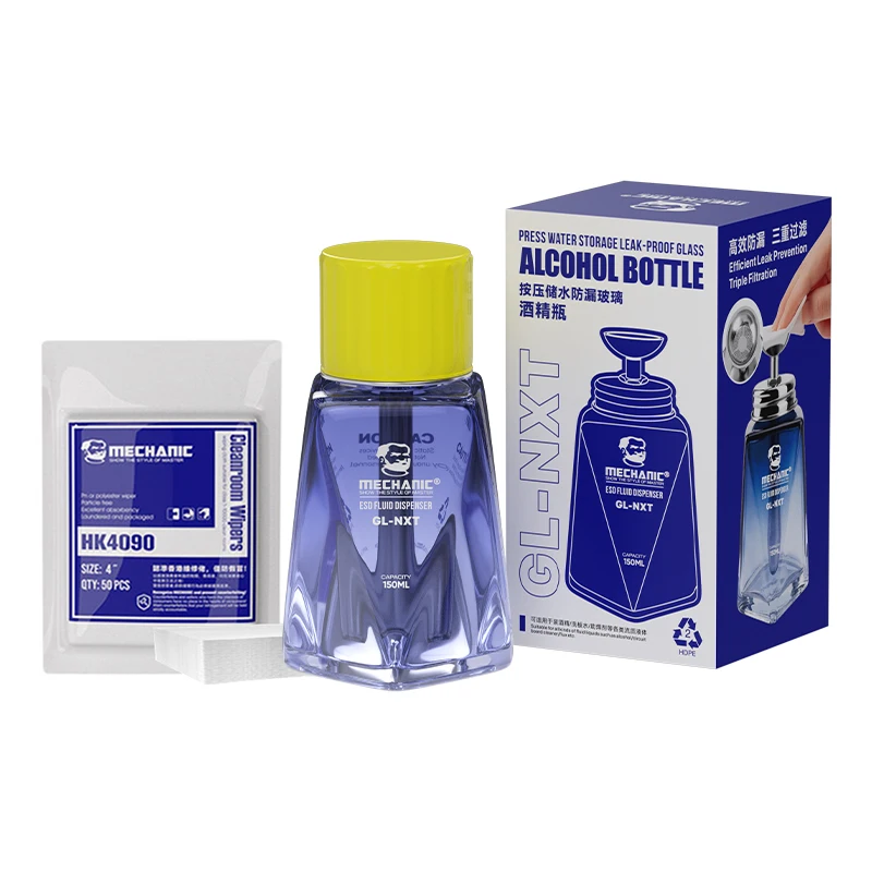MONTEUR 50 Stuks Stofvrije Doek + GL-NXT 150ML Druktype Glazen Alcoholfles Lekvrije Grote Waterbak Microporeuze Filtratie