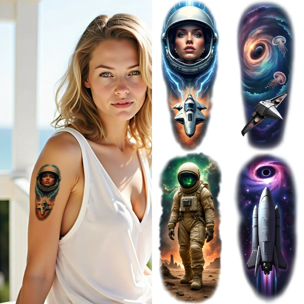 

12pcs Temporary Tattoo Astronaut Realistic Temporary Tattoos Woman Galaxy Waterproof Long-lasting Body Stickers Space Helmet For