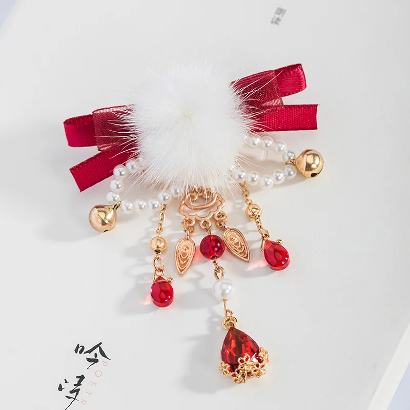 1pair Plush Ball Hair Clip With Bowknot Red Tassel Hairpin Chinese Hanfu Hair Accessories Girls Vintage Wedding Hair Jewelry