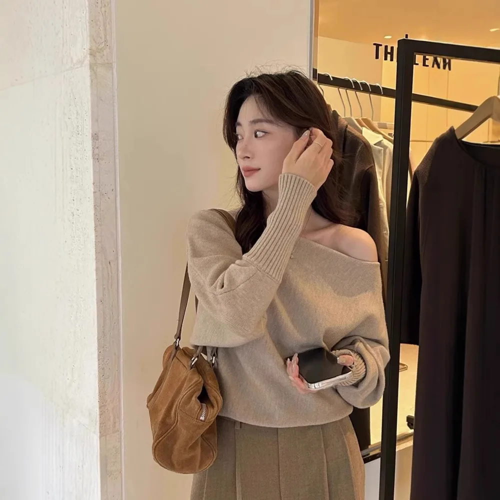 

FL Batwing вязаный пуловер с длинными рукавами, женский толстый топ с открытыми плечами, корейский модный свитер, свободная повседневная осенняя верхняя одежда, новинка