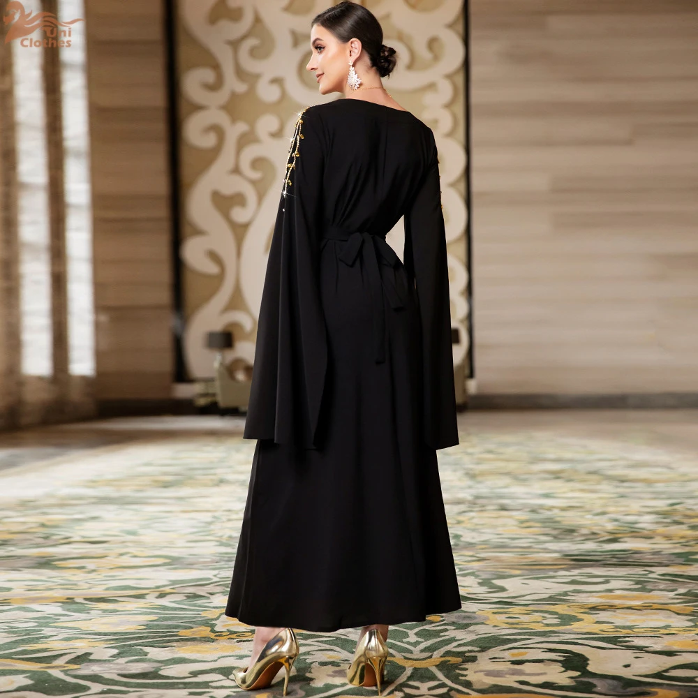 

Uni Luxury Middle East Black Muslim Dress for Women Eid Arabic Femme Evening Party Clothing Islamic Long Sleeve Turkey Dresses