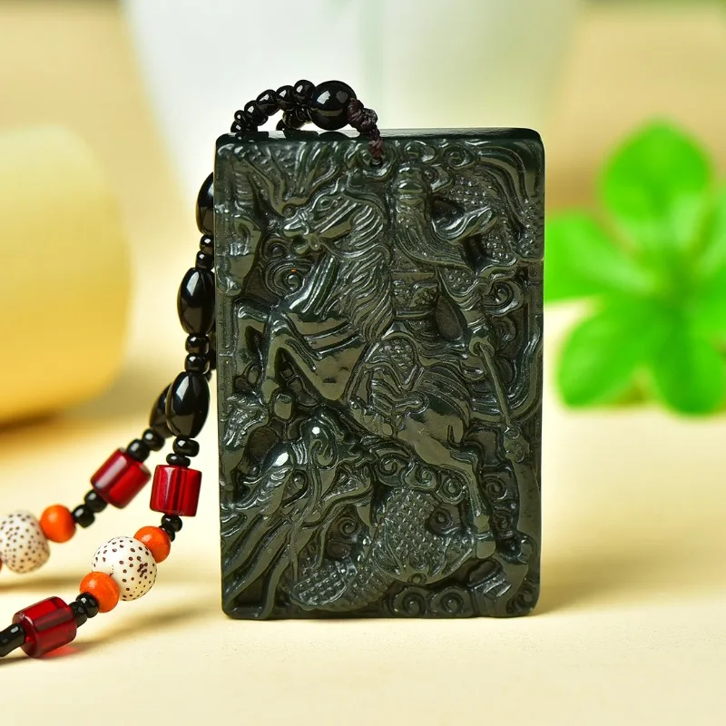 Traditional Ethnic Style Sapphire Horseback Riding Guan Gong Pendant Jade Brand Necklace