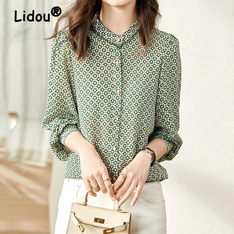 

Spring Autumn Office Lady Elegant Chic Floral Print Loose Fashion Blouse Top Women Casual Stand Collar Long Sleeve Button Shirts