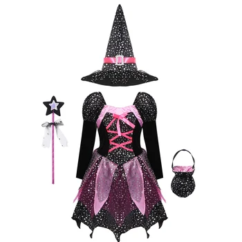 4-Piece Girls Witch Halloween Costume Set 2 4 Pieces Witch Clothing Set Dress+Hat+Wand+Bag Girls Halloween Wizard Costume 2024 Kid Make up Party Hag Witch Apparel Vestidos 2