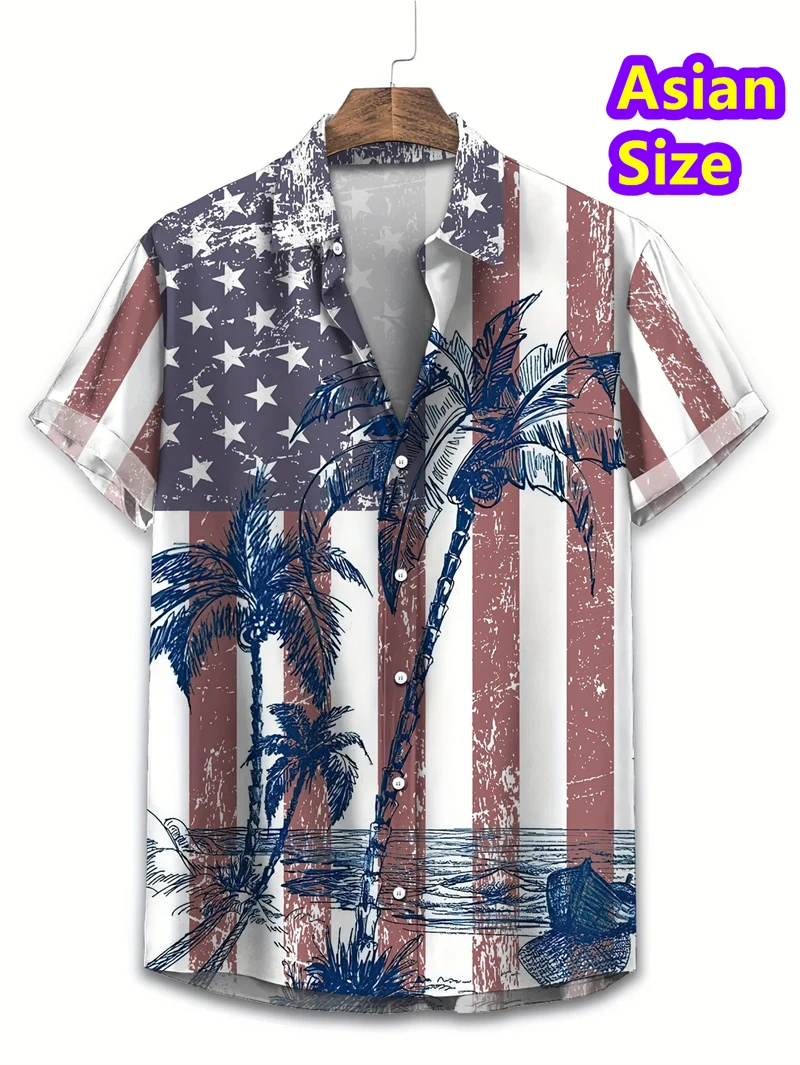 Summer Men's Shirts Coconut Tree Print Short Sleeve Tees Retro Casual Hawaiian Shirts For Men Loose Oversized 2025 New Top