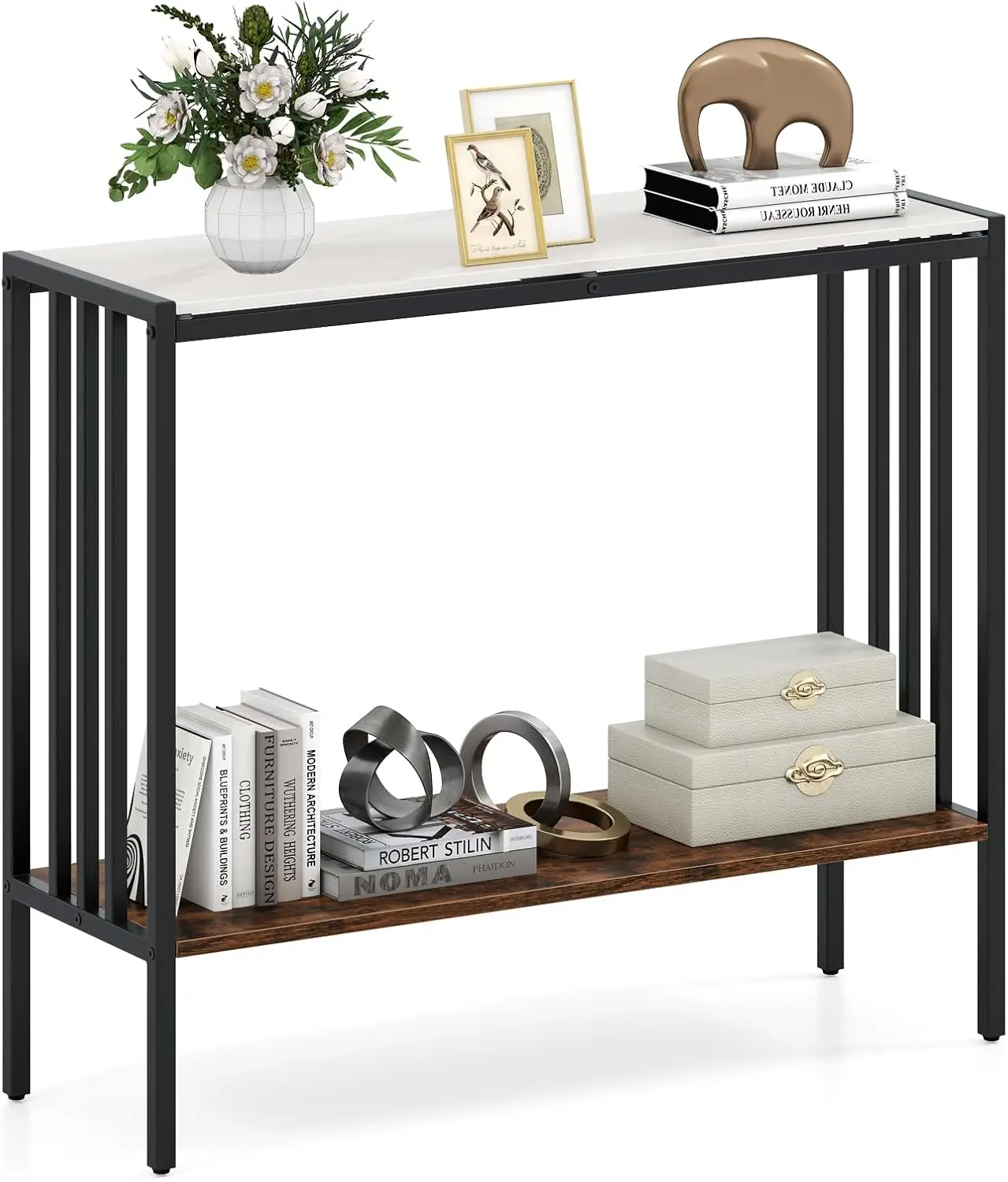 

Приставной столик для прихожей с местом для хранения, 2-уровневый мраморный придиванный столик с столешницей из спеченного камня, деревянной полкой, в индустриальном стиле, с металлическим каркасом