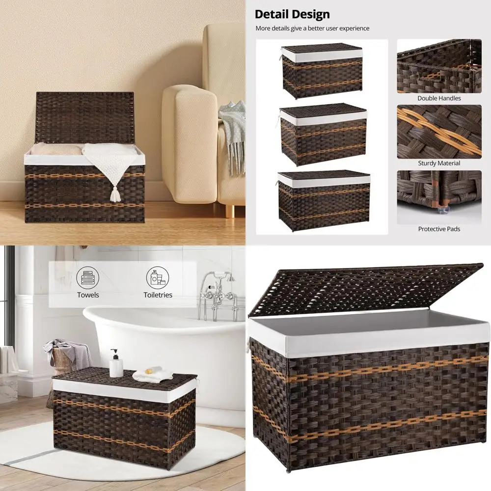

Large 160L Synthetic Wicker Storage Basket with Removable Liner and Lid, Suitable for Living Room, Brown