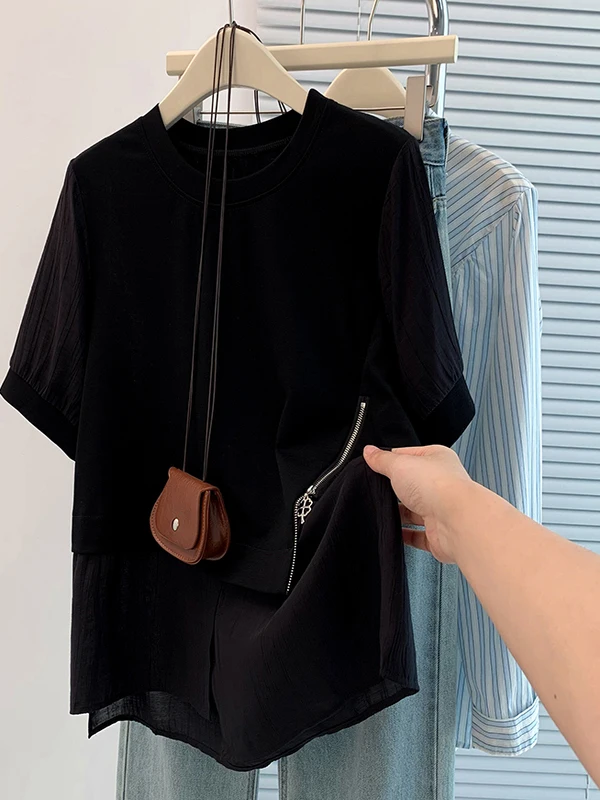 

Summer 2025 plus Size Loose Casual Splice Slimming T-irt ort Sve Cover Belly Top Women's Faion Comfortable round Ne
