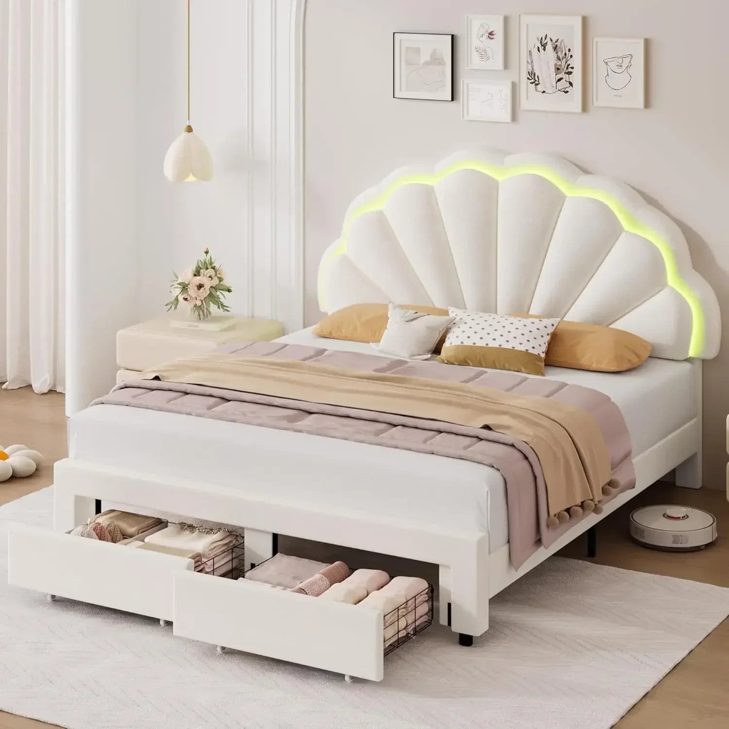 

Queen Upholstered Smart LED Bed Frame with 2 Storage Drawers & Adjustable Chic Double Petal Headboard