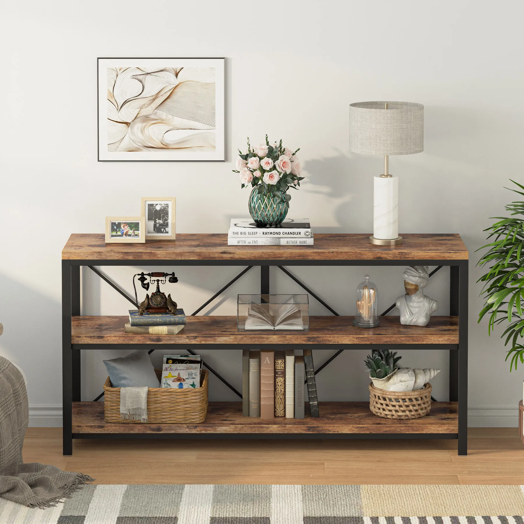 55 Inches Long Sofa Table with Storage Shelves, 3 Tiers Industrial Rustic Console Table with Open Shelves