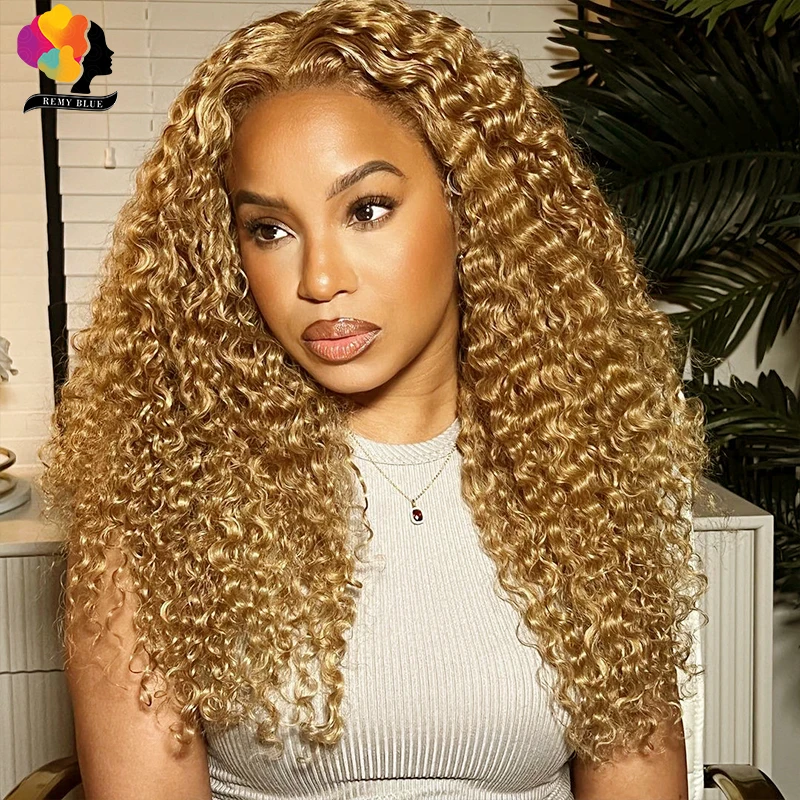 Colored 27 Honey Blonde Water Wave Human Hair Wigs 13x4 Lace Front Wig Transparent Curly Human Hair Lace Frontal Wig Pre-Plucked