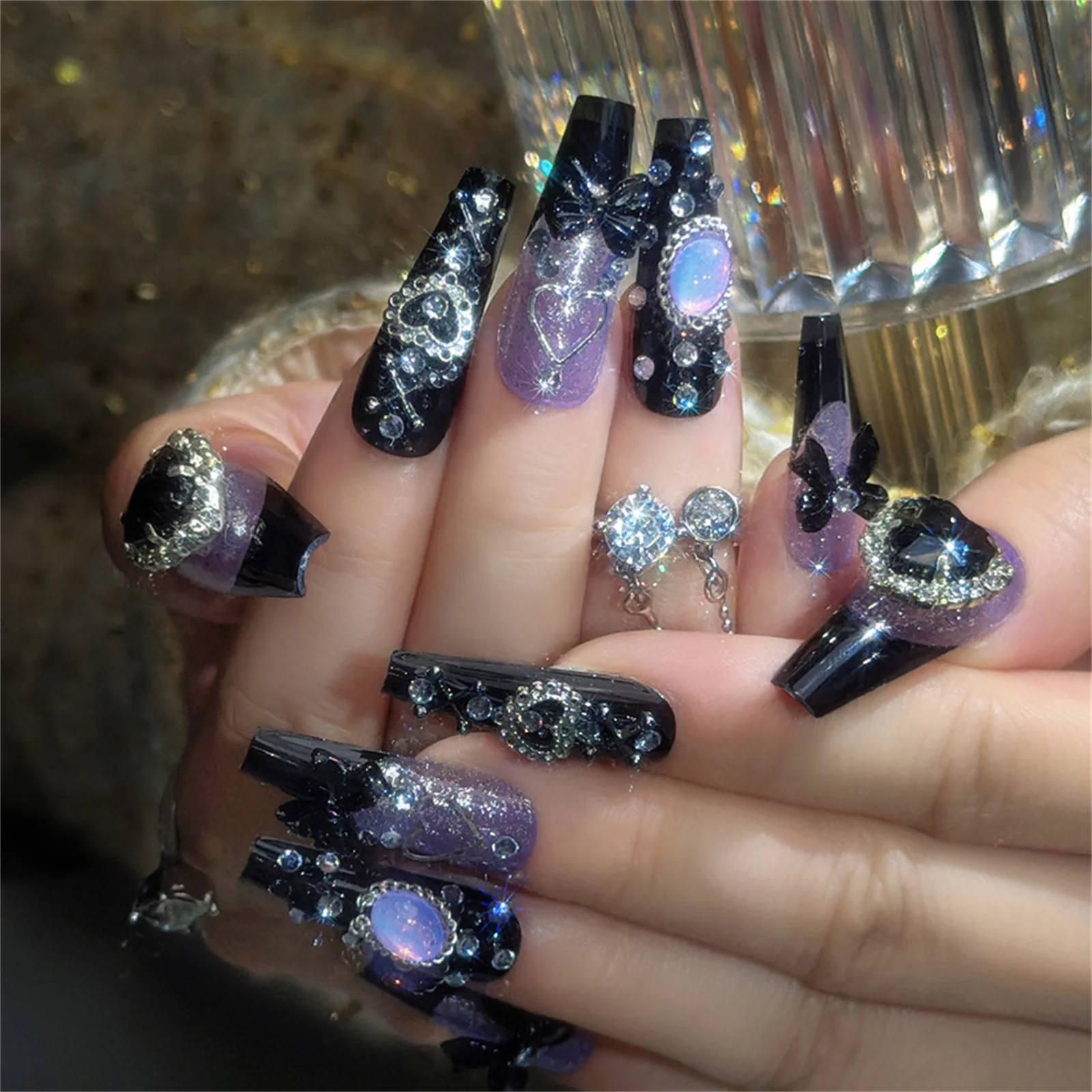 24pcs Black French Style False Nails Luxury Purple Long T Sweet Cool Fake Nails With 3D Bowknots Love Heart Decor Press On Nail