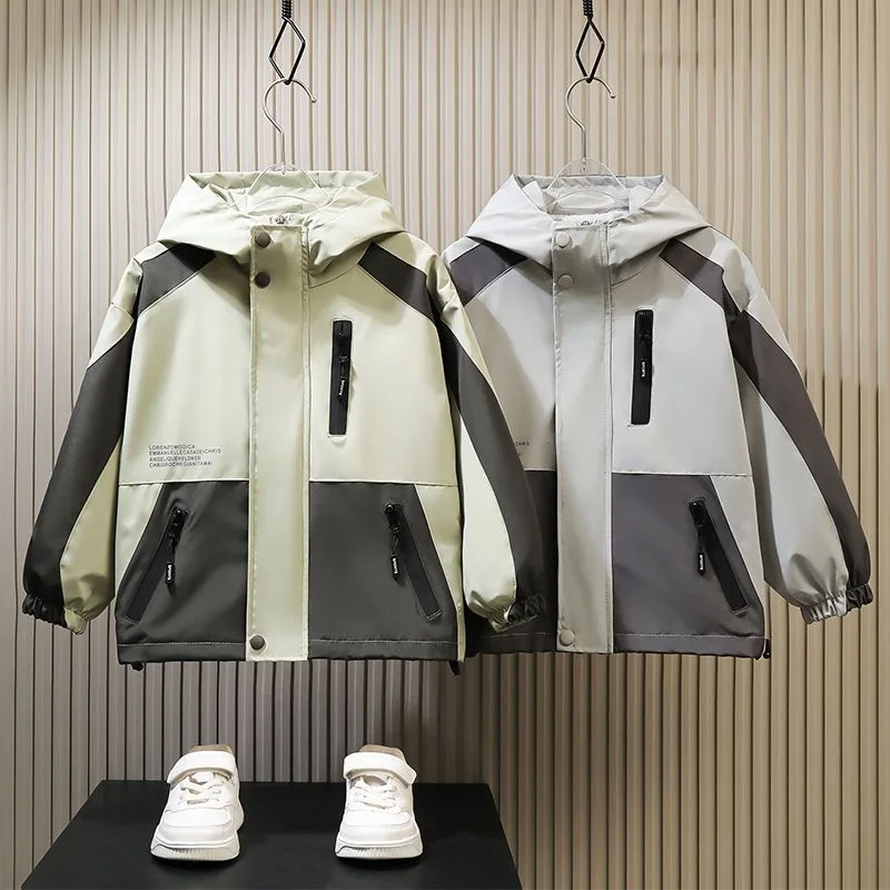 Teen Boys Color Blocking Windbreaker Coat 2026 Spring Autumn Kids Fashion Zipper Hooded Jacket Tops Children Waterproof Outewear
