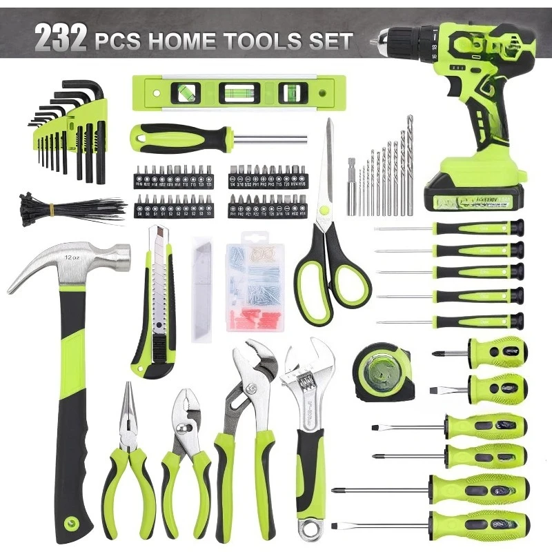 232-Piece 20V Cordless Lithium-Ion Drill Driver & Home Tool Set, Household Repairing Tools Kit with Drill, 12-Inch Wide