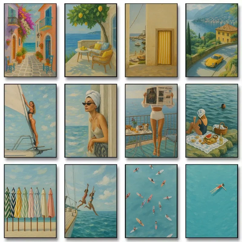 (No frame)Retro Mediterranean Lifestyle Swimming Girl Beach Lemon Tree Yacht Coastal Poster Canvas Painting Wall Art Pictures