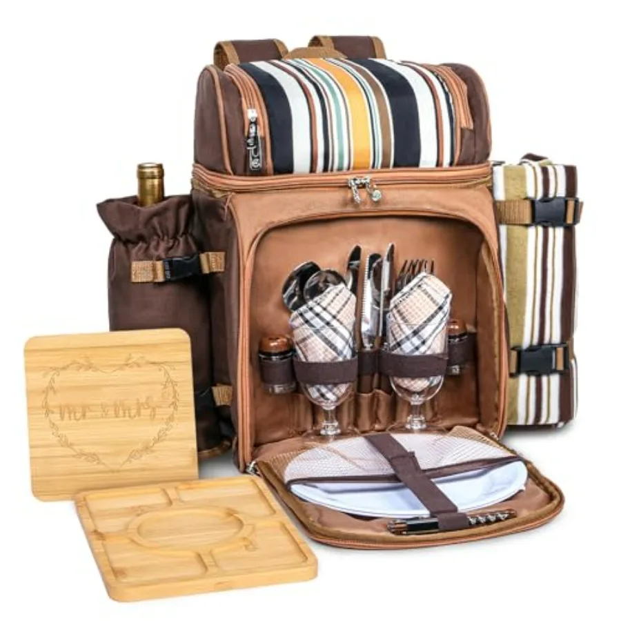 

Picnic Basket Backpack for 2 Person with Blanket and 2 Charcuterie Boards Woven Polyester, Cream Lightweight, Insulated, and Gi