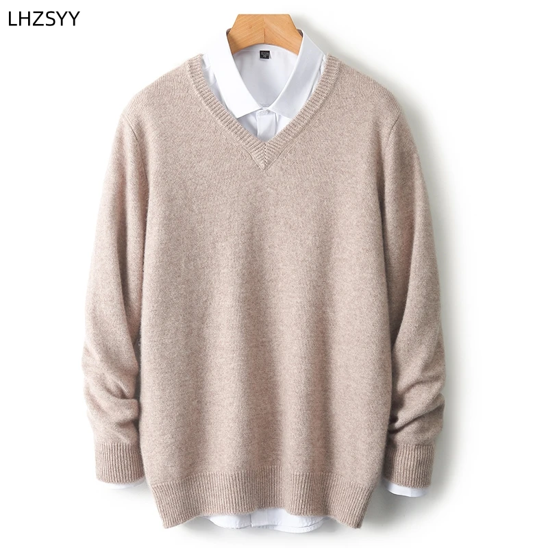 LHZSYY Men's V-Neck Cashmere Sweater 23Autumn Winter New Thick Solid Pullovers Loose Knit Base Shirt Business Casual Jacket Tops