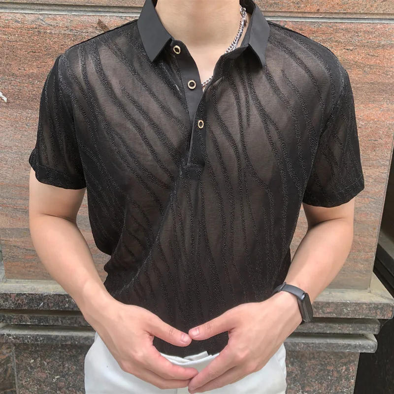 

Полосатая жаккардовая мужская прозрачная рубашка поло See Through Mesh Boss Polo Club Party Prom Chemise New Sexy Lace Polo Homme For Male