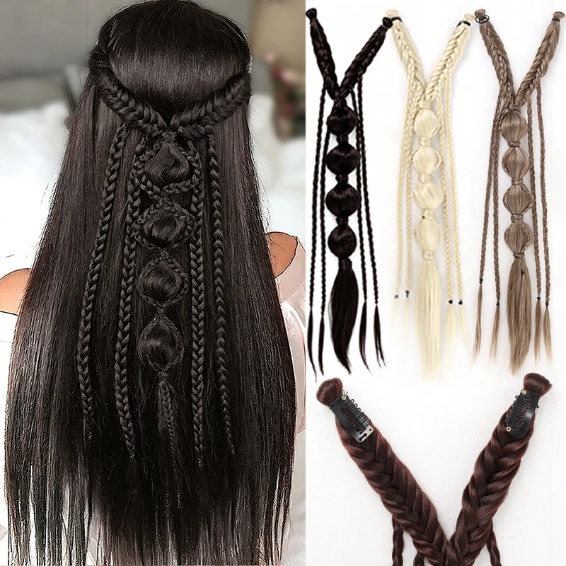 

Synthetic 24 inch braided ponytail wig with U-shaped BB clip suitable for women's daily party use