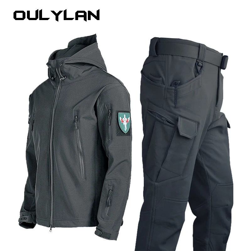 

Oulylan Winter Autumn Jackets Elastic Men Fleece Waterproof Suits Fishing Warm Hiking Camping Tracksuits Set Hood Coat S-4XL