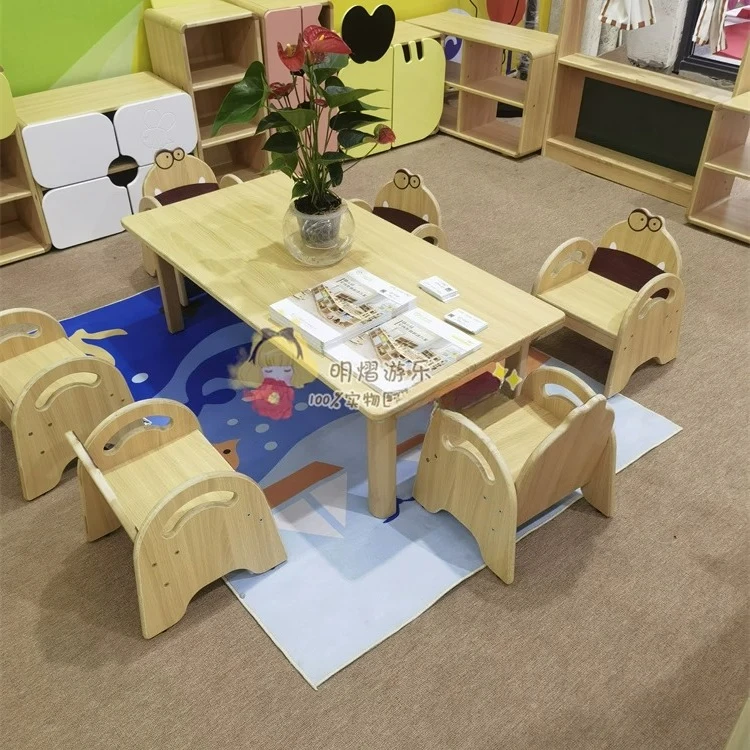 Early education cute bean nursery table and chair bed Early education garden solid wood six-person table cartoon frog chair