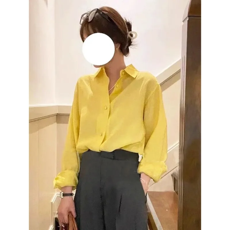 Camisas de manga larga de Color sólido a la moda para mujer, Tops coreanos simples con solapa de un solo pecho, blusa básica para ir al trabajo para primavera y otoño