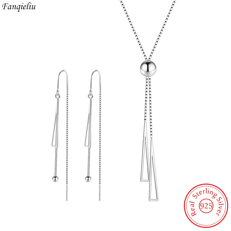 

925 Sterling Silver New Original Drop Earrings Long Chain Extend Triangle Pendant Necklace Jewelry Sets For Women FQL22270