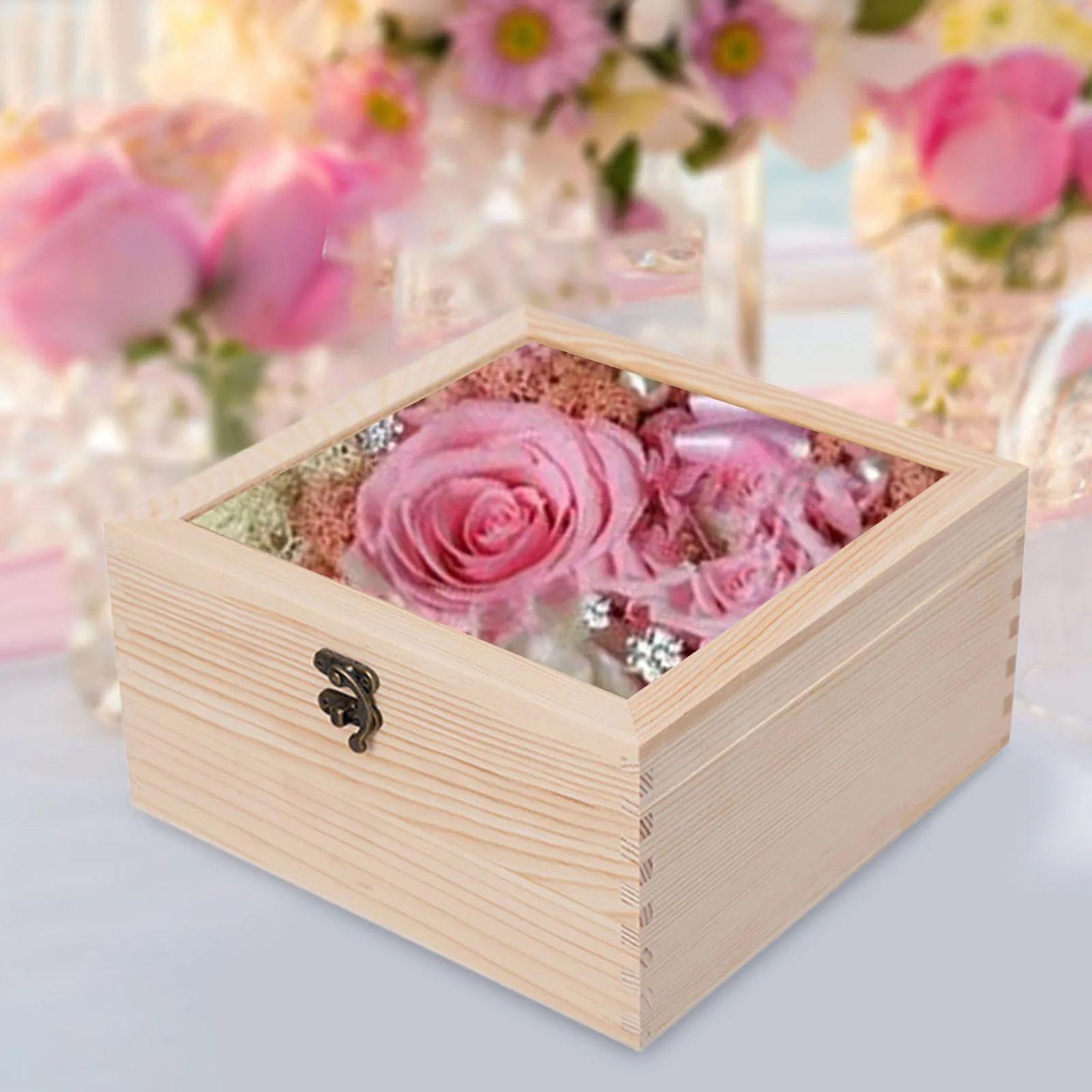 Wooden Box Jewelry Display Case with Glass Cover Storage Box Photo Holder DIY and Home Decorations Keepsake Trinket Box