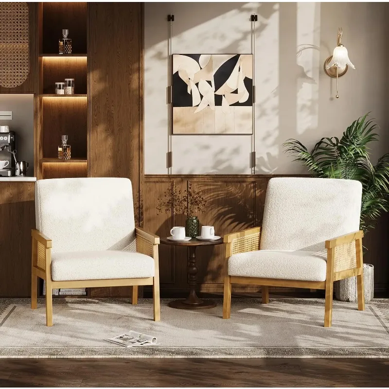 #Mid Century Boucle Accent Chair Rattan Armrest Wooden Legs Modern Lounge Living Bedroom Reading Waiting Room Ivory