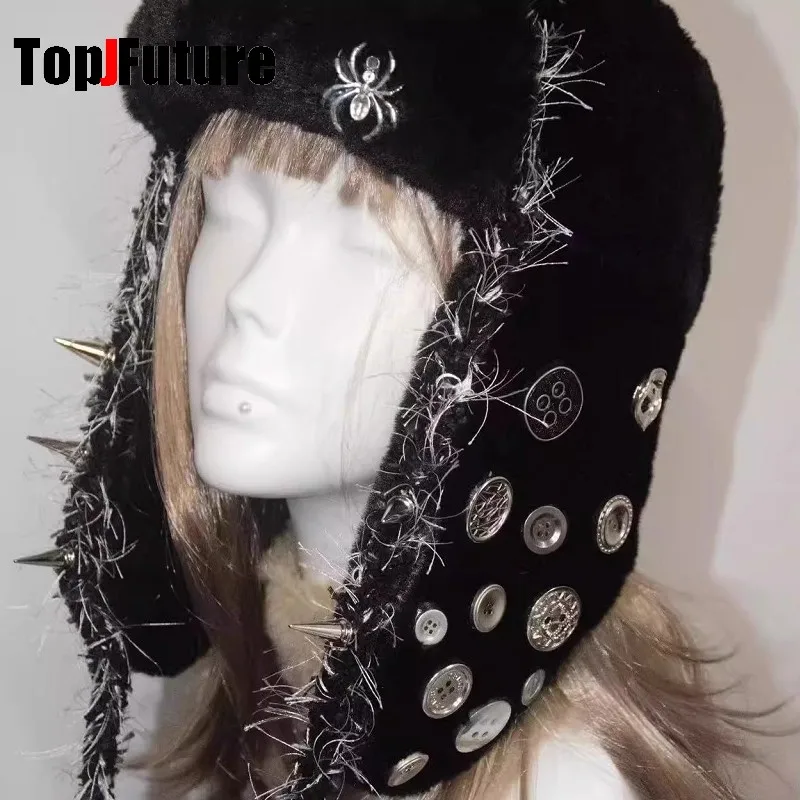 Gothic Lolita Y2k Girls Women\'s  Subculture Punk rivet Metallic design Spike Warm plush fluffy Harajuku Winter Warmer Beanie Hat