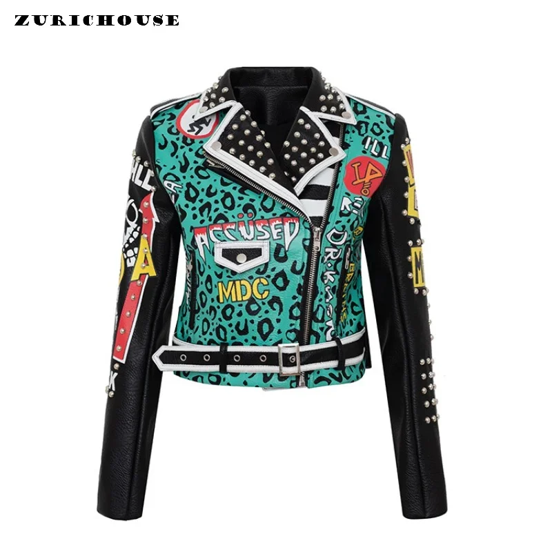 Contrast Leopard Graffiti Print Motorcycle Leather Jacket Women 2024 New Streetwear Rock Punk Style Studded Cropped Jacket XXXL