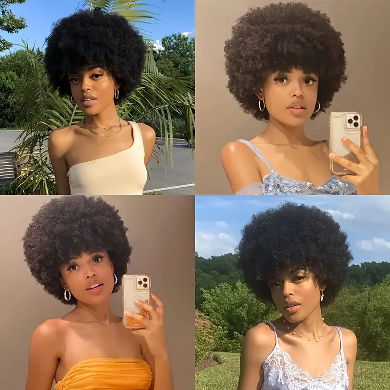 Color #4 Brazilian Human Hair Short Afro Kinky Curly Bob Wig 150% Density Rose Net Cap For Full Machine-Made For Women Short Hai
