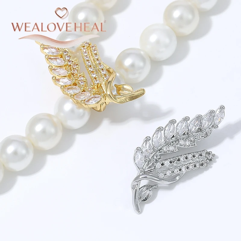 verschluss schmuck, armband verschluss, 18K Vergoldeter Messing-Weizenblatt-Perlenverschluss, Micro-Pavé-CZ-Clip-Verbinder für DIY-Halsketten- und Armband-Schmuckherstellung – Detail 18