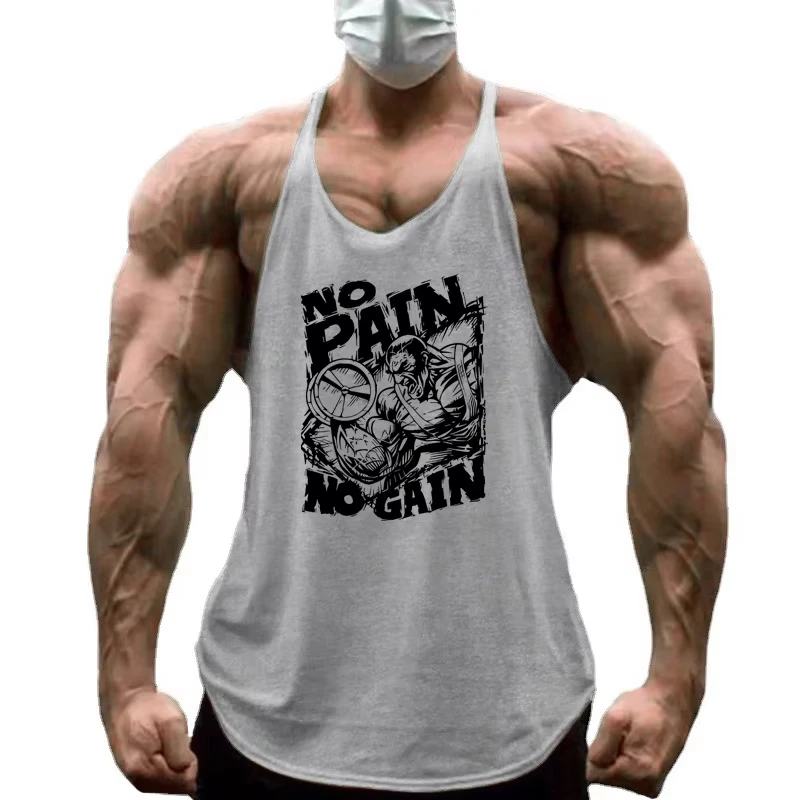 Men's No Pain No Gain Hand Print Gym Tank Tops Cotton Y-Back Stringer Vest Breathable Bodybuilding Workout Sleeveless Singlet