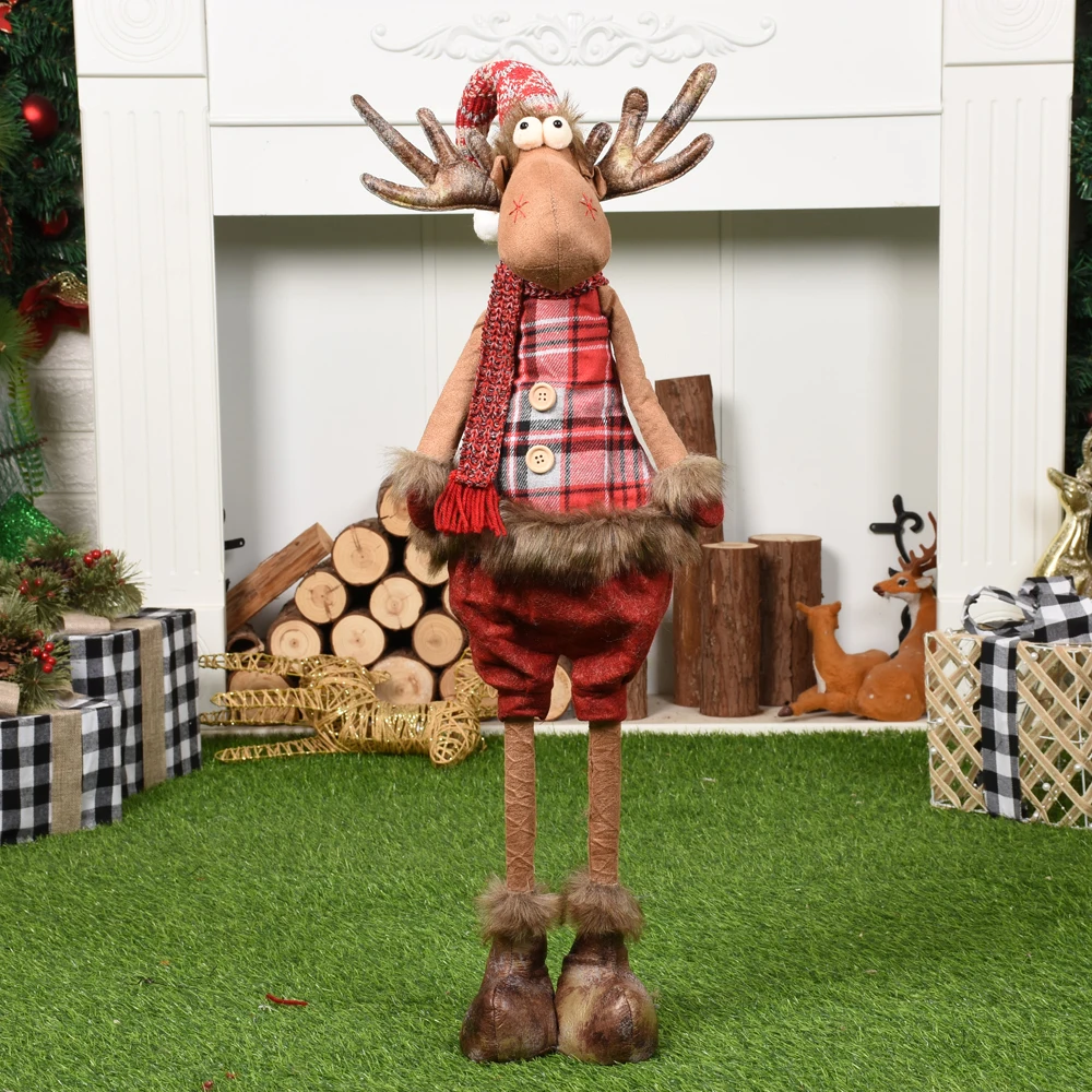 Large Retractable Christmas Elk Dolls Decoration Plush Reendeer Figurine with Telescopic Legs Home Holiday Ornament Xmas Gift