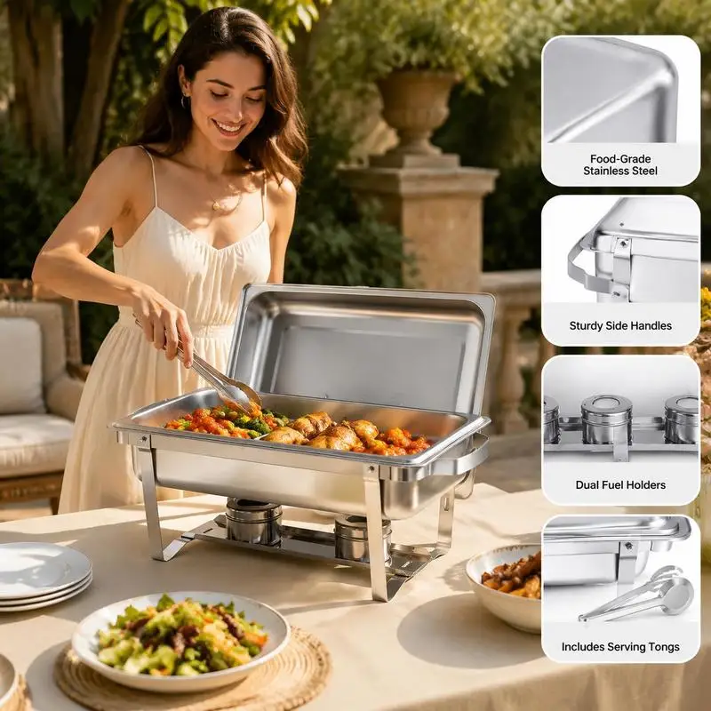 Plat à réchaud rectangulaire en acier inoxydable pour buffet, avec 6 bacs pleine grandeur (7,5 L), couvercle, support pour bac à eau et porte-combustible, pour réceptions, argent