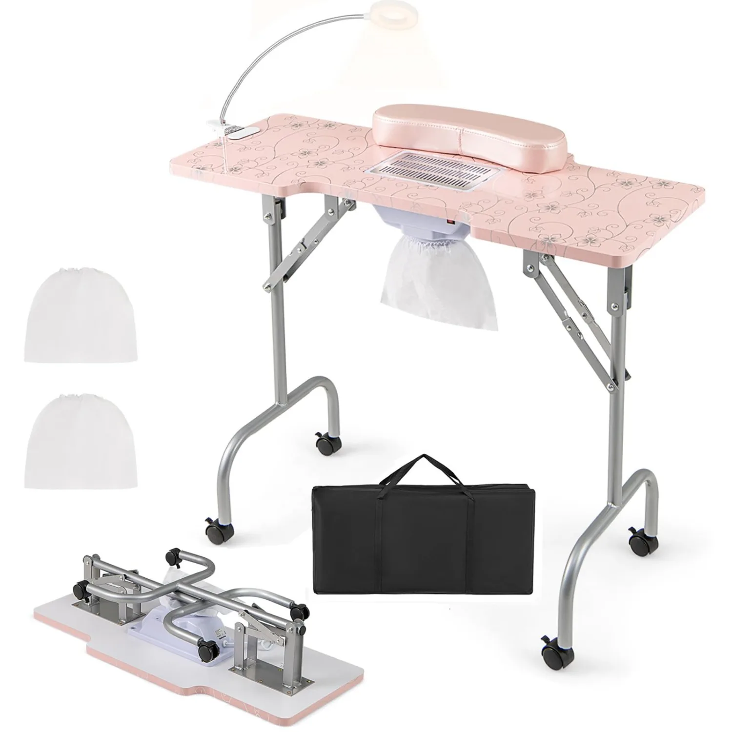 Foldable Nail Desk - Manicure Table with Built-in Dust Collector Fan, Adjustable Task Light, Client Wrist Pad, 4