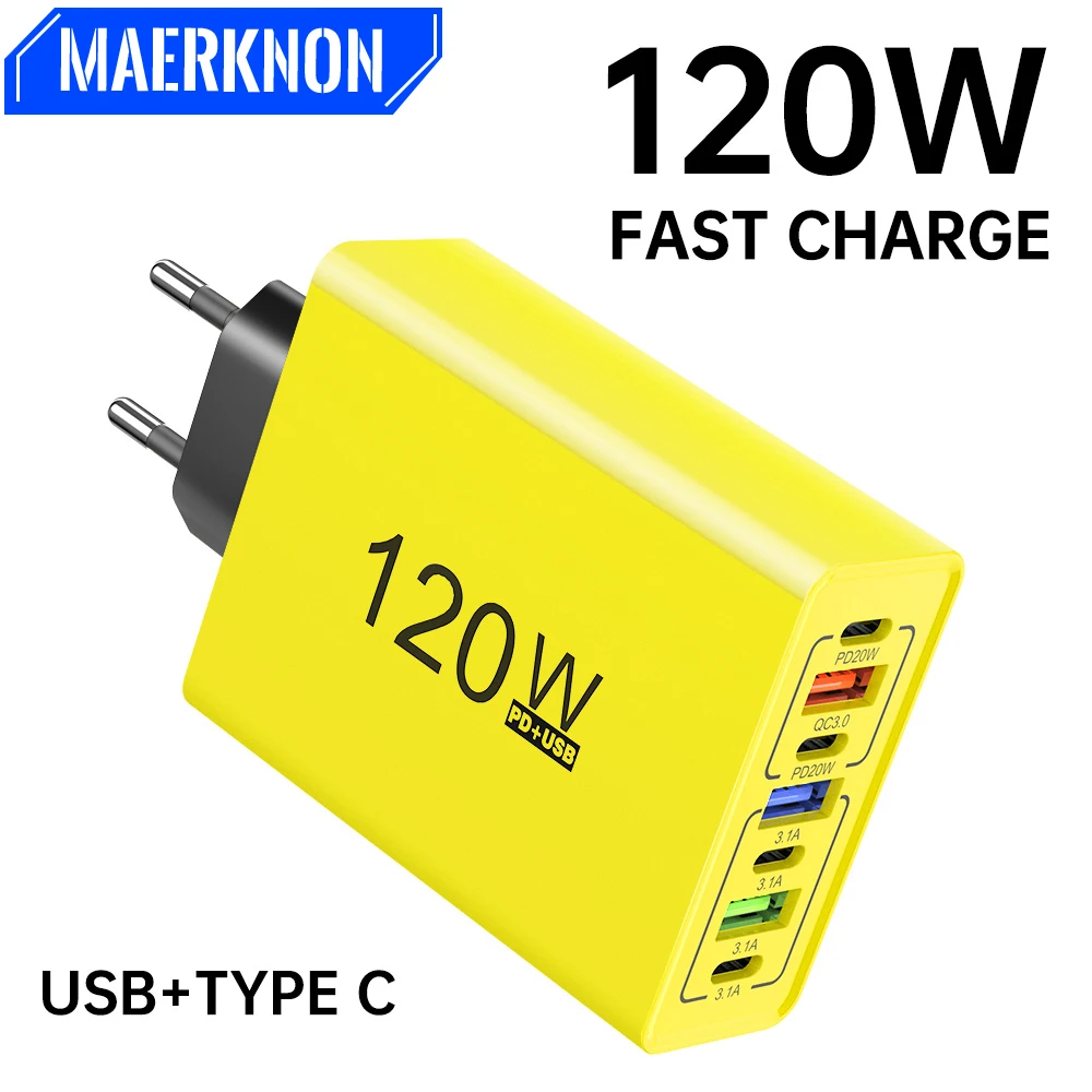 شاحن USB C 120 واط متعدد المنافذ شحن سريع نوع C شاحن طاقة الهاتف آيفون سامسونج شاومي هواوي الاتحاد الأوروبي/الولايات المتحدة التوصيل شاحن الحائط