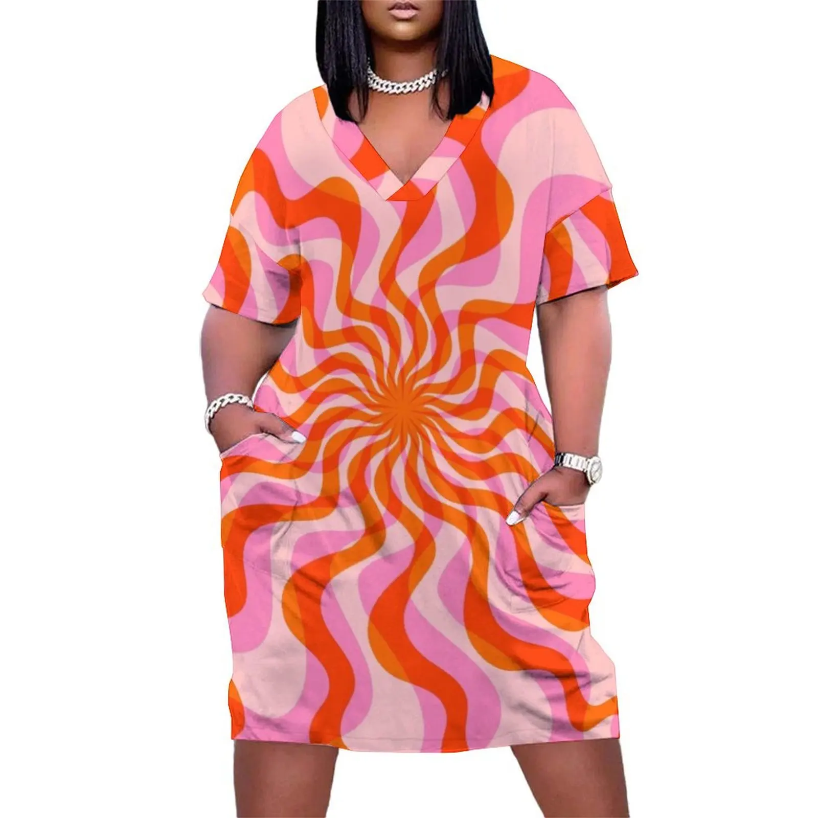 

Swirl 70s Retro Abstract Pink and Orange Loose Pocket Dress prom dress summer dress korean women Women's dresses Long