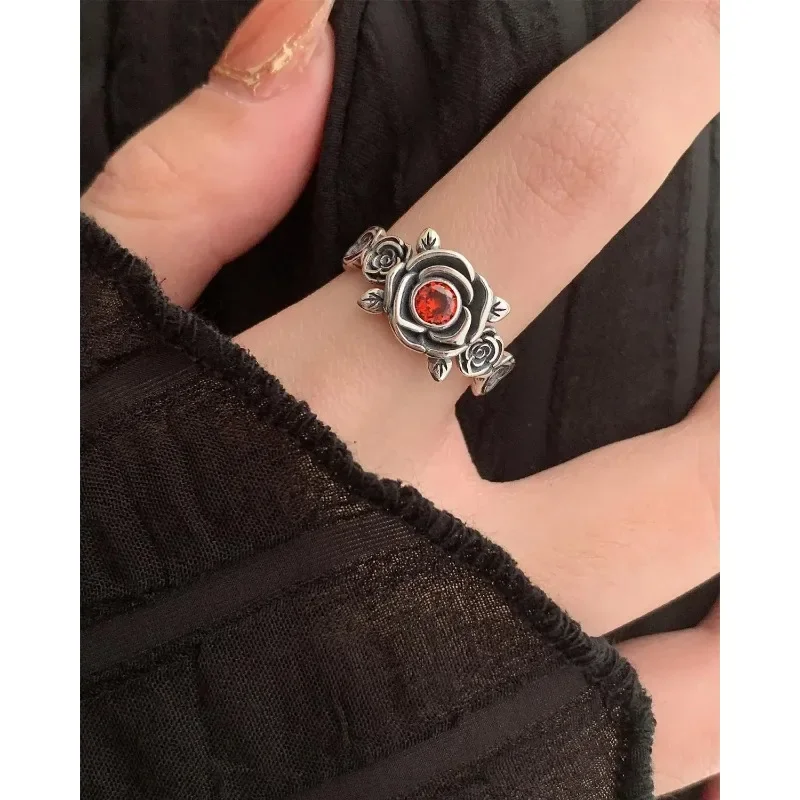 Vintage Silver Color Red Zircon Rose Flower Couple Ring Bohemian Retro Metal Ring Female Opening Adjustable Ring Кольцо С Эмалью