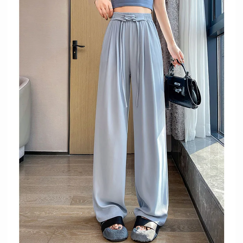 패션 여성 하이웨이스트 배기 팬츠 소녀용 솔리드 레이스업 스트레이트 레그 바지 핫 세일 여성용 편안한 레저 팬츠
