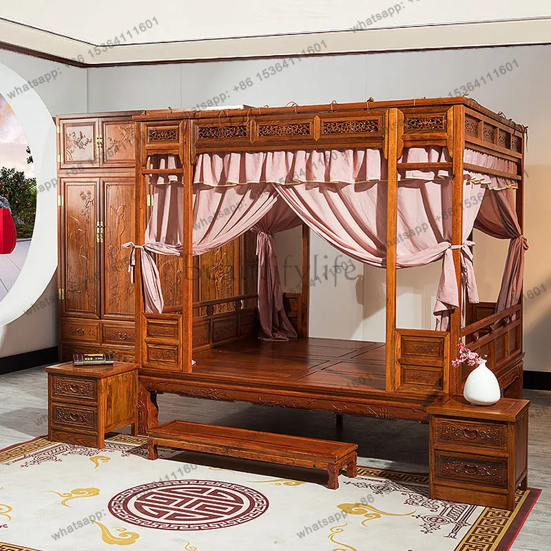 Massivholz-Stufenbett, chinesisches Möbelstück, klassisches Doppelbett mit geschnitztem Regal