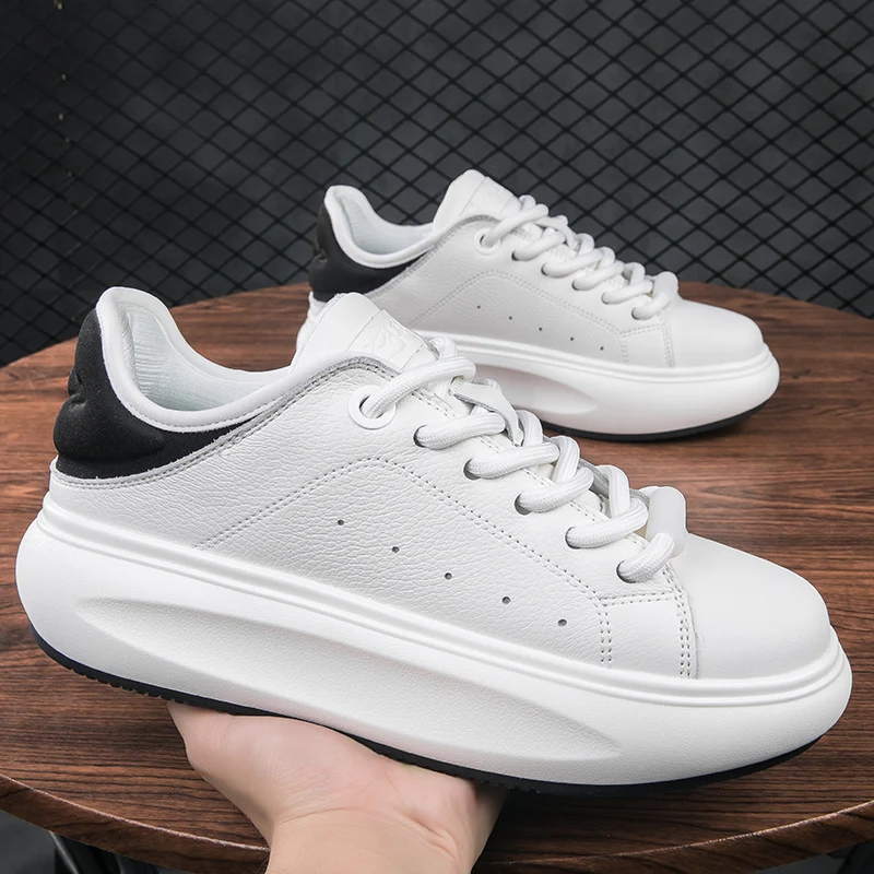 

Korean style mens casual white shoes lace-up original leather shoe breathable platform sneakers youth street footwear chaussure