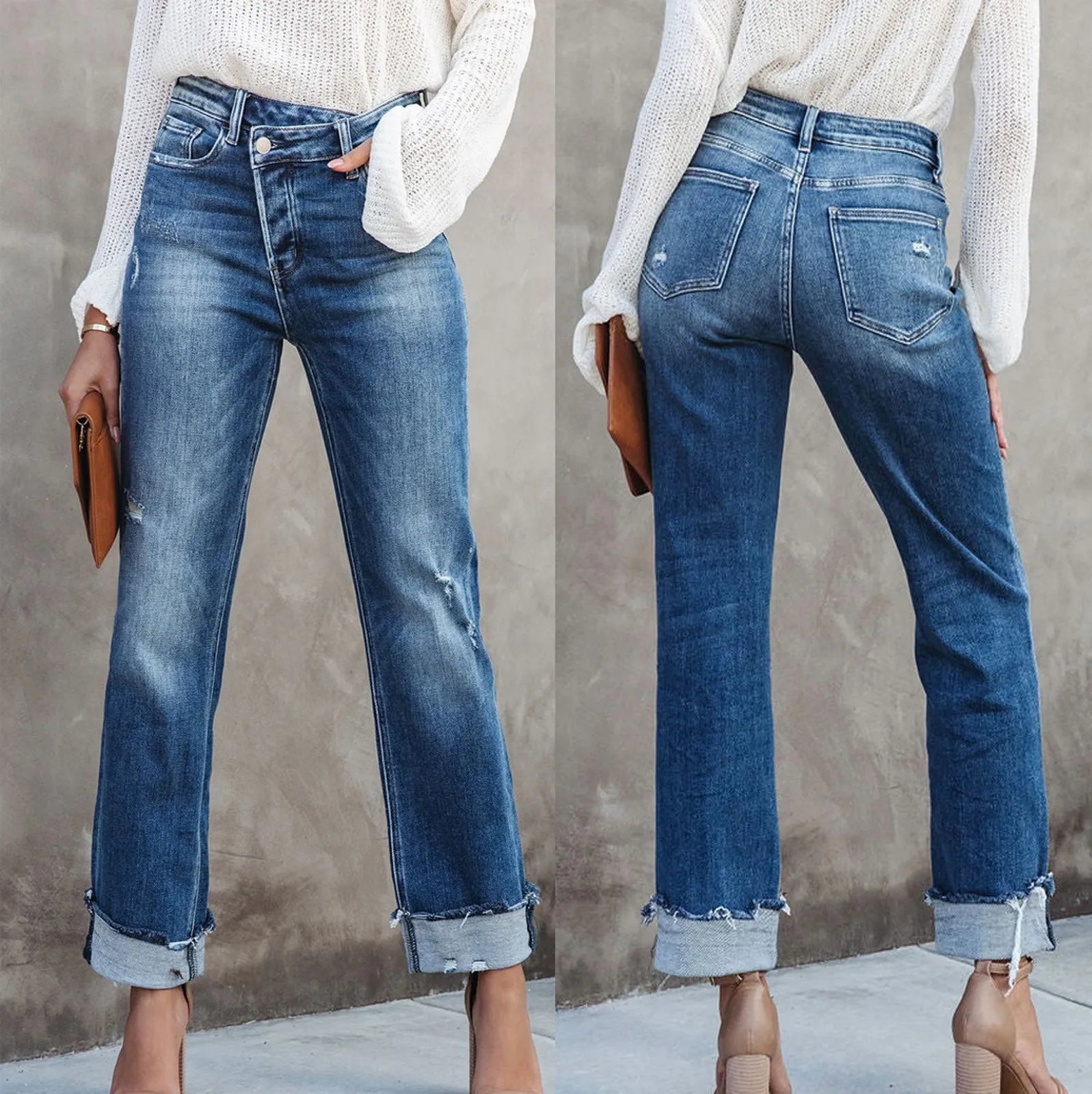 Women Denim Jeans Trendy Straight Wide Leg Pants Spring Autumn High Waist Fashion New Loose Trousers Irregular Trouser Fly