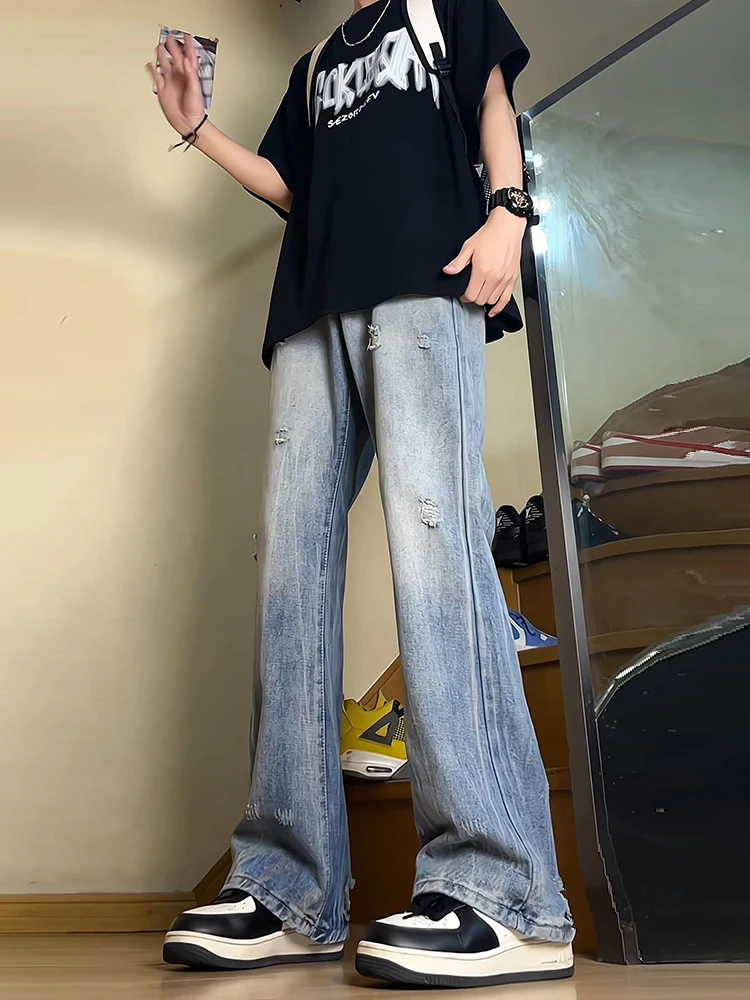 

Blue Ripped Knife Jeans Men Summer Slim Tall Teens Pants American Vibe Rise Bell Bottoms Low Waist Wide Leg Jeans