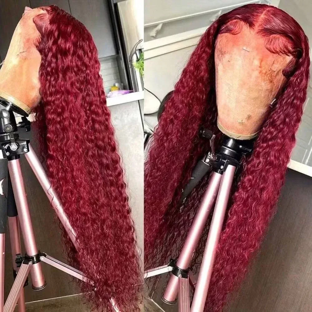 

250% Density 99J 13x4 HD Lace Front Hair Wigs Burgundy 34Inch Deep Wave Peruvian Curly Glueless Lace Frontal Closure Wigs