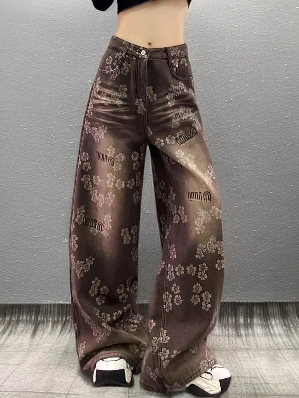 

Spring 2026 High Waist Loose Fit Floral Print Wide Leg Jeans Women's Casual Sle Multi ket High Sensation Street Faion