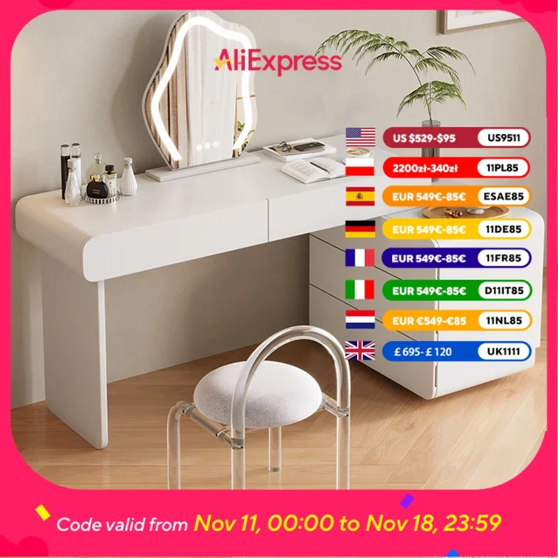 

White Storage Wood Vanity Table Nordic Aesthetic Space Saving Dresser Makeup Drawers Luxury Schmink Tisch Bedroom Furniture